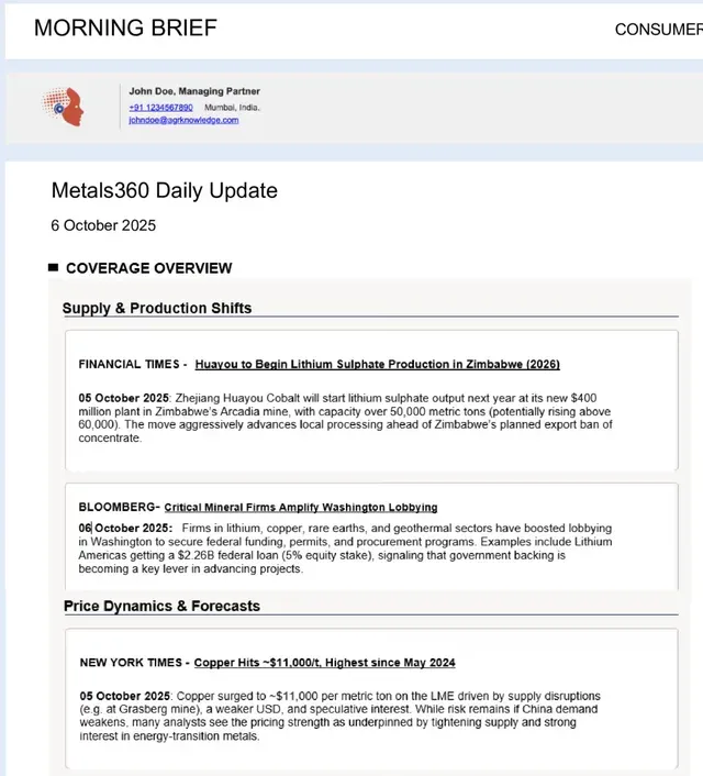 Metals360 Daily Update morning brief with coverage overview and sourced stories.