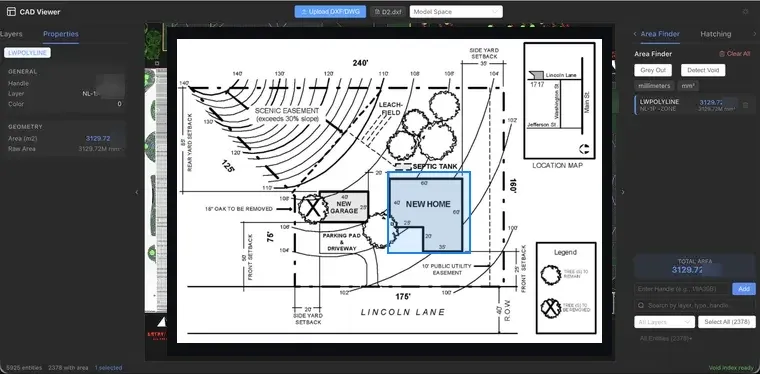 Entity selection and area validation on CAD drawings.