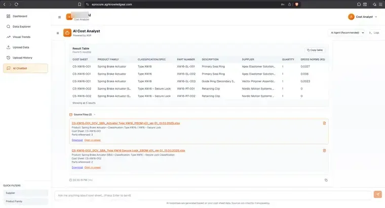 BoMA conversational query on assembly components and suppliers.