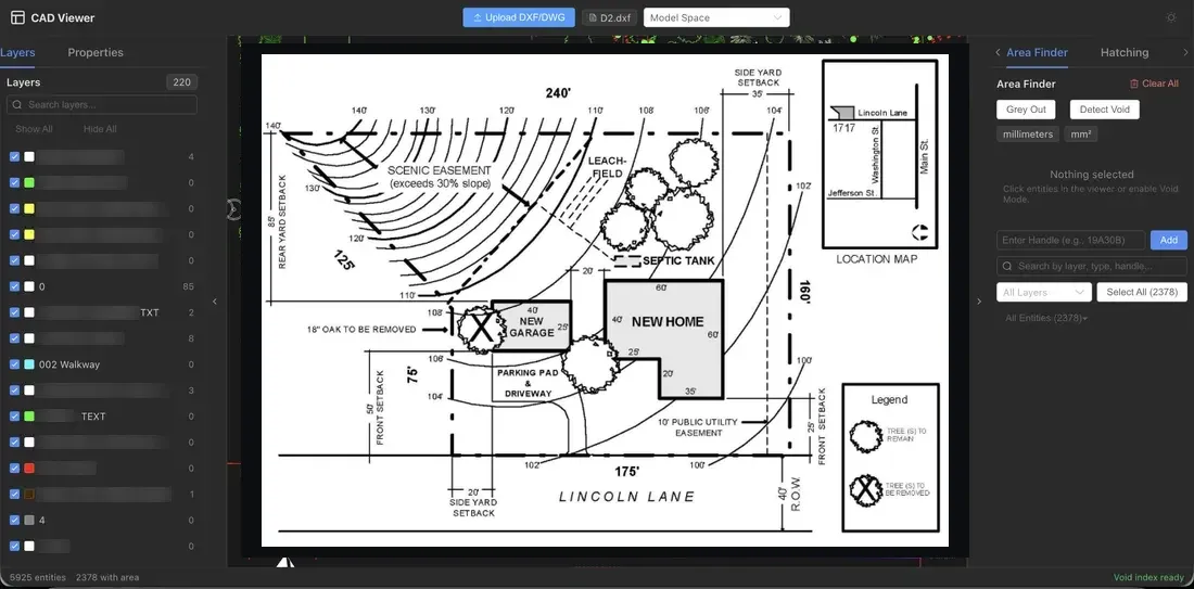 CAD analysis and layer interaction. Interactive exploration with layer level control and area tools.