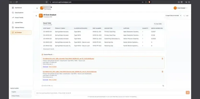 BoMA conversational query on assembly components and suppliers.