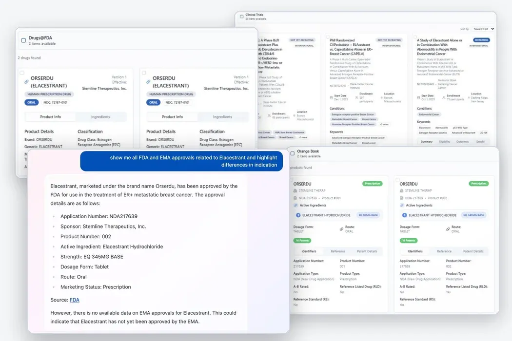MedFusion regulatory chatbot layered with Drugs at FDA, clinical trials and Orange Book source views.