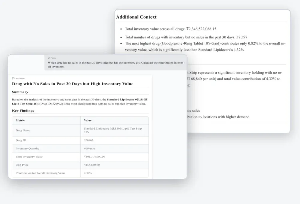 Inventory analysis chat with key findings table layered over recommendations and context.