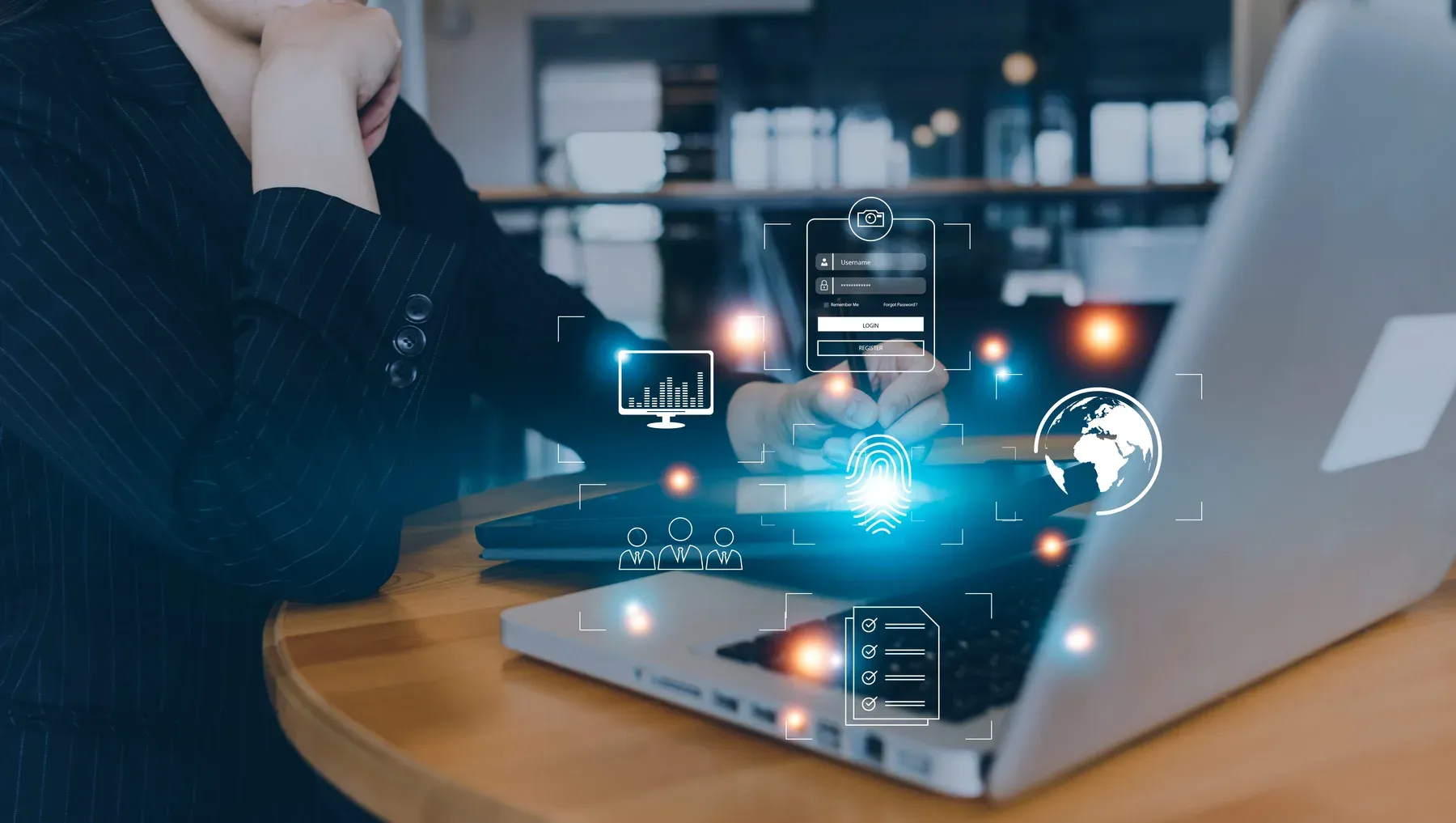 Professional working on a laptop with secure digital workflow icons. AI built into everyday work.